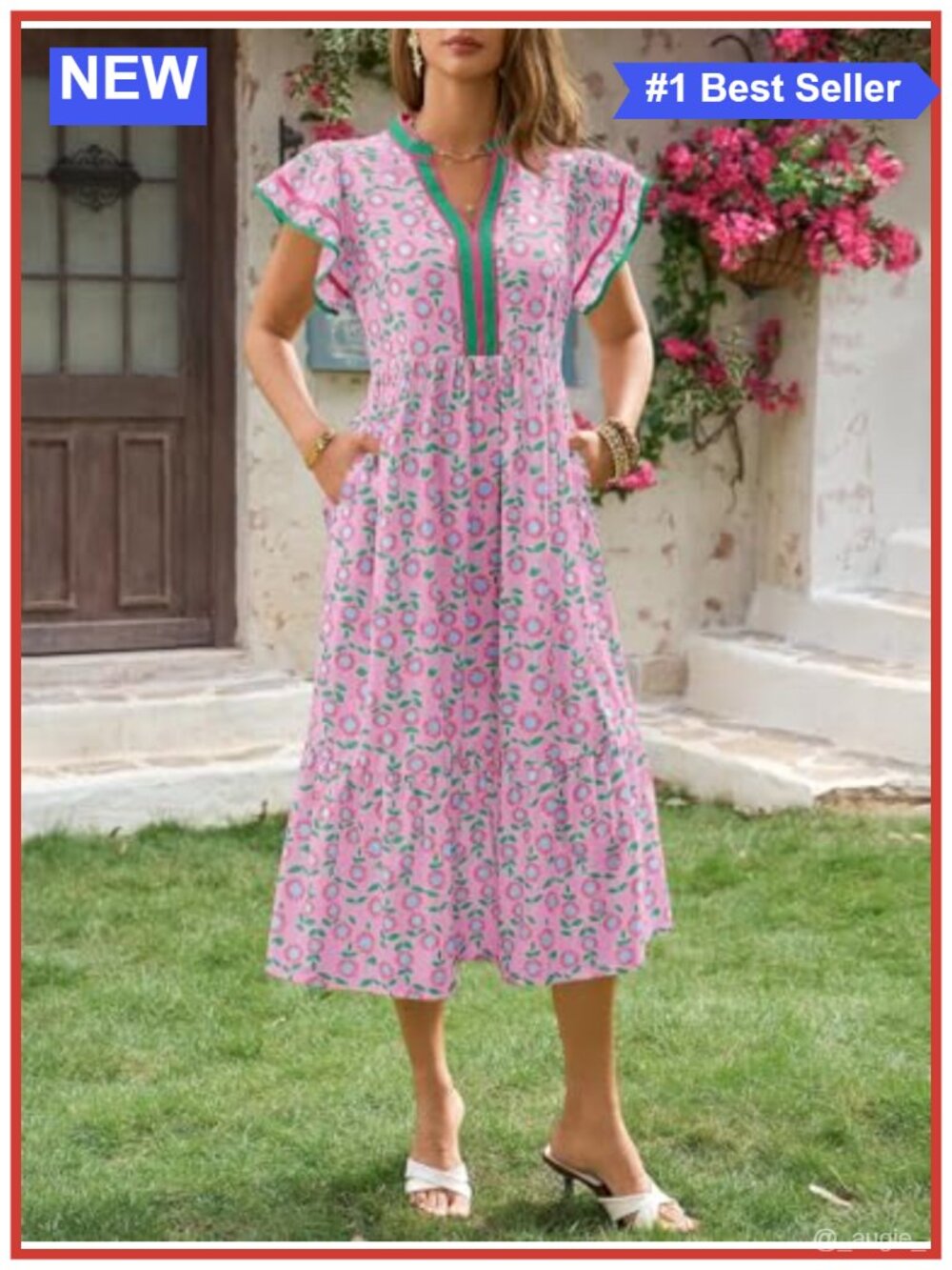 Womens Floral Midi Dress Cap Sleeve V Neck Sundress - Picture 3 of 6